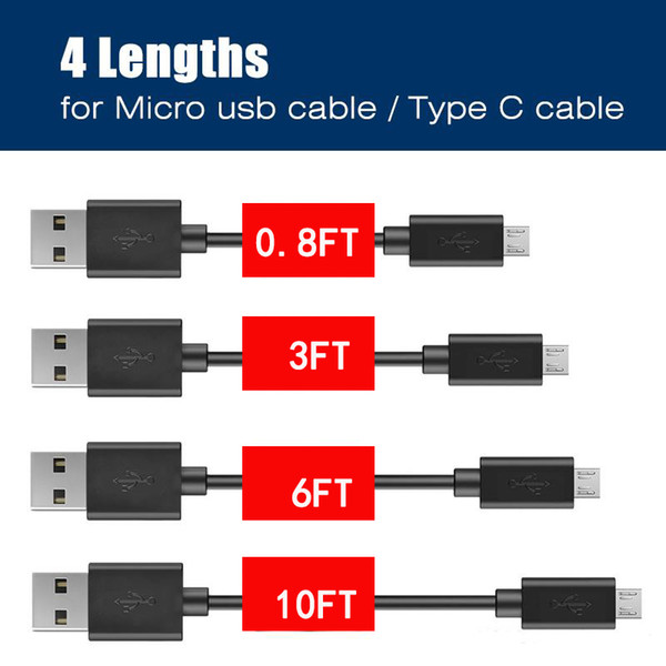 4 lengths 0.25M 1M 2M 3M Premium High 2000mAh Speed Micro USB Cable Type C cables Sync Quick Charging 2.0 USB For Android Smart Phone