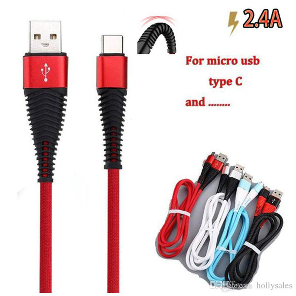 High Resistance 1m 3ft Sync Data Charge Cord 2.4A Fast Charging USB Data cable micro usb type C cables for phone S9 s10 p10 cable