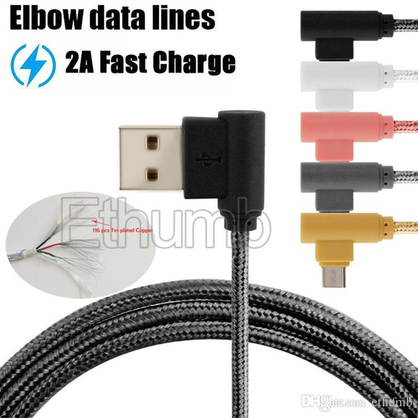 USB cable braided colorful elbow micro usb cable Tin-plated copper 2A fast speed charging cable 4000+ bend lifespan for smartphone 1m 2m 3m