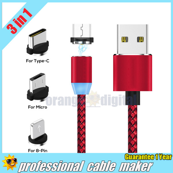 2A, 3 in 1 Magnetic suction Charger Cable LED Nylon Stronger Metal Magnetic fishnet Cord 1M Android Micro USB Type C cable For smartphone