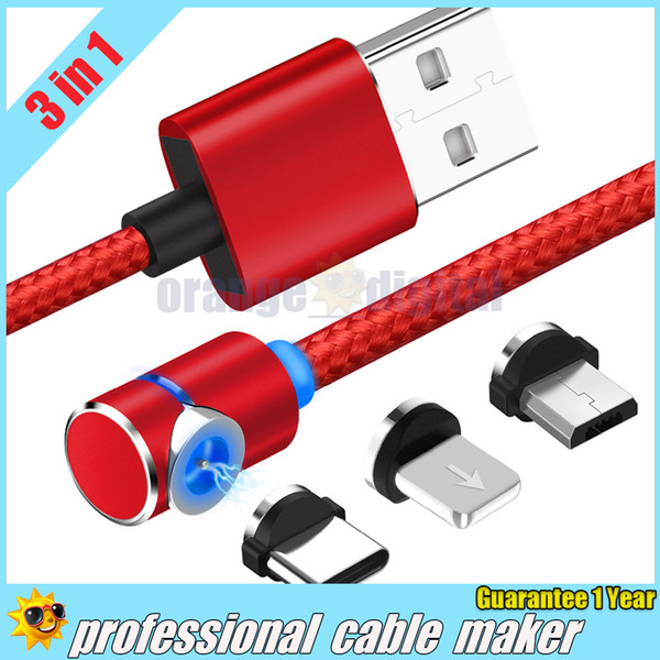 3 in 1 USB charging cable Elbow magnetic suction data line 360° Stronger Metal Magnet Cord absorption line for Android iphone type-c,1m,20g