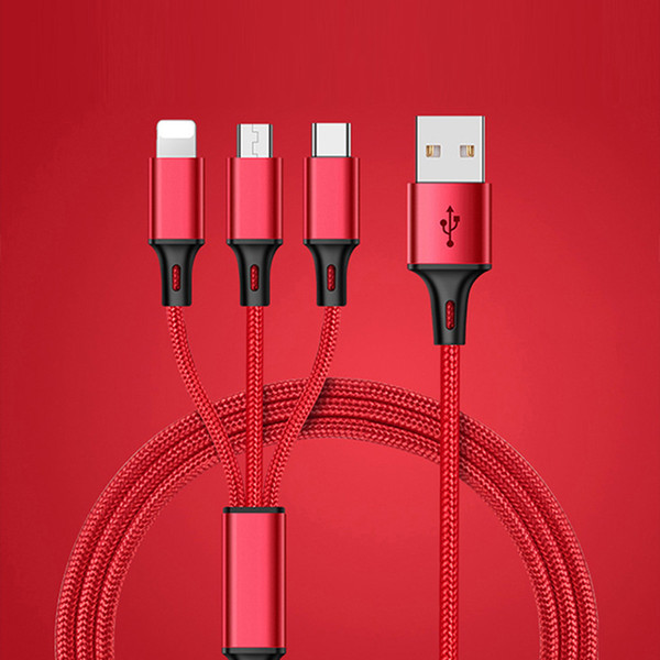 Fast 2.8A USB Charger Cable 3 in 1 cable 1.2M Braided USB Charging phone cables for ip5/6/7 samsung smartphones