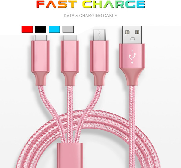 High Quality Multi Fast Charging Cable 1.2m 3in1 Nylon Braided Multiple USB Charging Port Type-C Compatible IPX 8 7Plus Samsung Retail Box