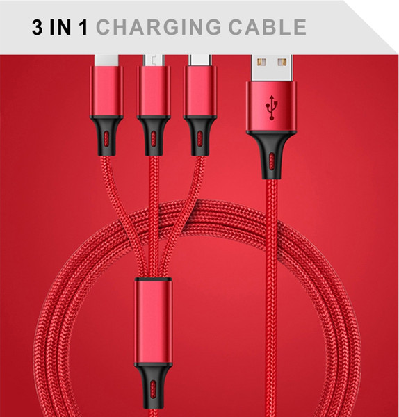 Free Shipping Multi Fast Charging Cable 1.2m 3in1 Nylon Braided Multiple USB Charging Port Type-C Compatible IPX 8 7Plus Samsung Retail Box