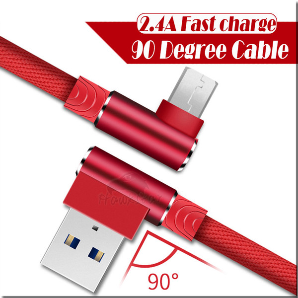 Braided 90 Degree Right Angle Micro USB Cable 2.4A Durable Type C Fast Data Charger Cable For Android Phone 1m 2m 3m