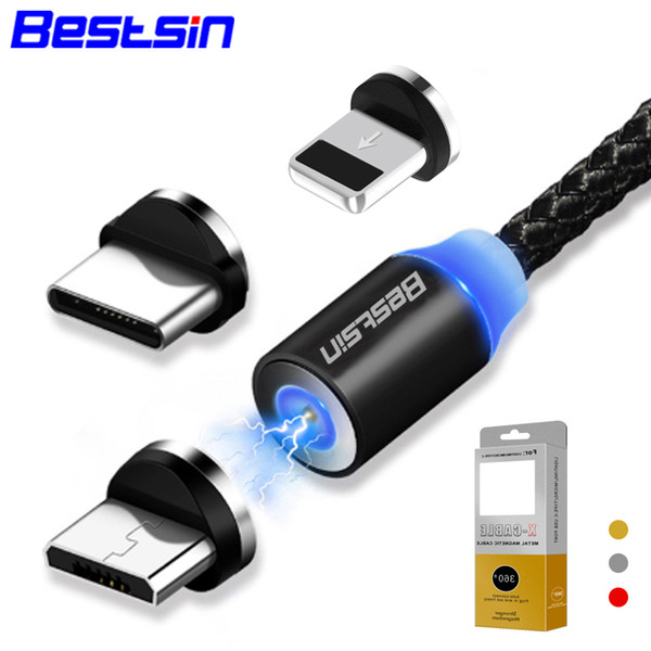 Bestsin 3 in 1 Magnetic Charger Cable LED Nylon Stronger Metal Magnet Cord 1M Android Micro USB Type C For Samsung Huawei iPhone