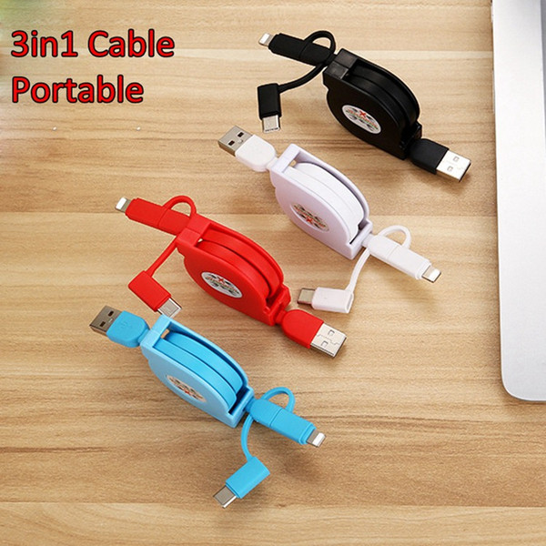 Retractable 3 in 1 Charger Cable i8 Pin For X Plus Micro USB Type C For Xiaomi 5 Samsung Data Charging Cables 1M