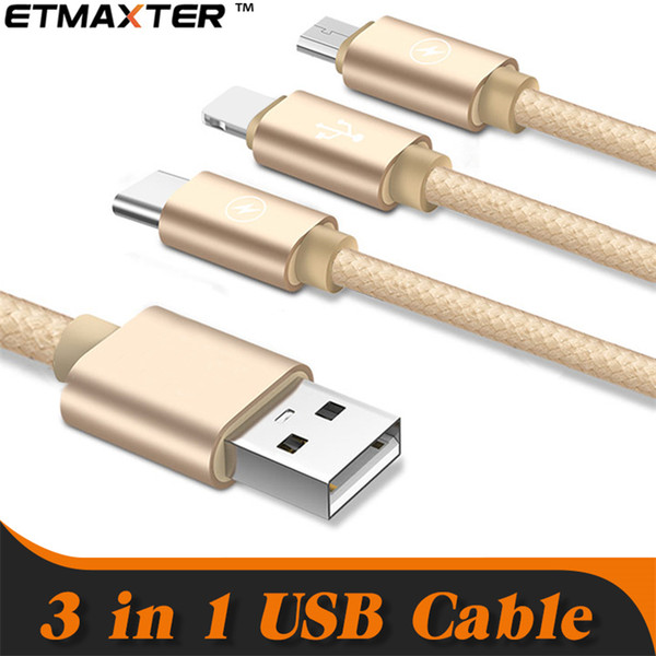 ETMAXTER 3 in1 1.2M Type C Braided USB Charging Cable Micro Date Cable for Samsung iPhone