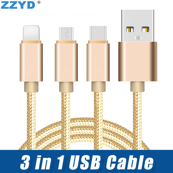 ZZYD 3 in1 1.2M Type C Braided USB Charging Cable Micro Date Cable For Samsung S8 Note8 iPX Xs Max