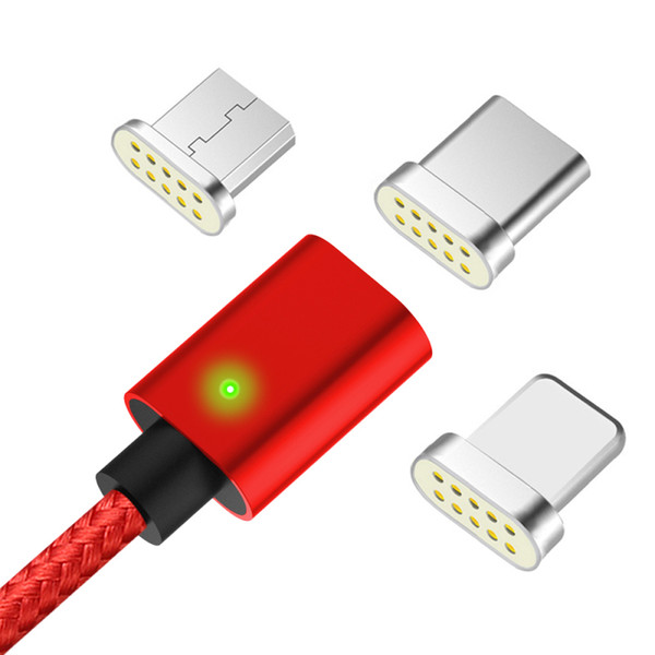 Nylon Flat Magnetic charging cable three in one data cable with LED light for Android,IOS and Type-C plug