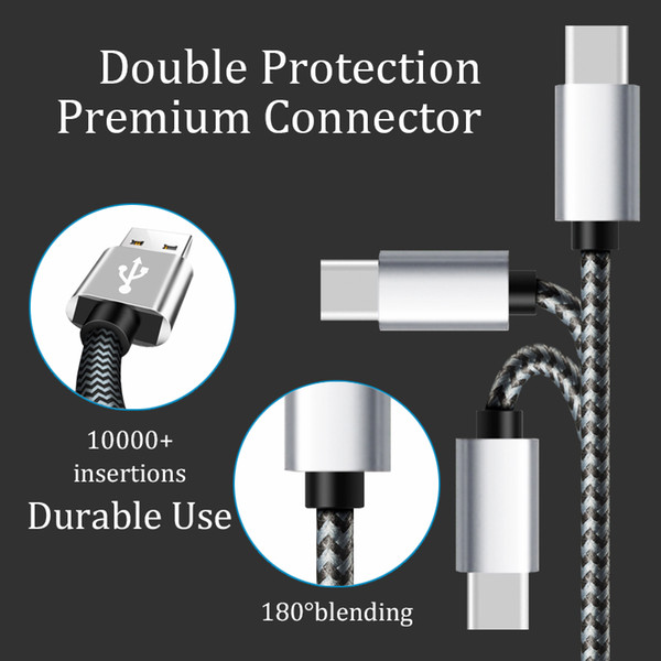 1.0M Android TYPE C usb cable Long Strong Braided USB Charger Cable Data Line Metal Plug Charging for phone