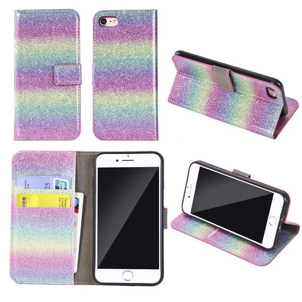 Bling Glitter Rainbow PU Leather Case For Samsung Galaxy S8 S8Plus Rainbow Gradient Shiny Phone Cover For iphone6s 6Plus iphone7 7Plus