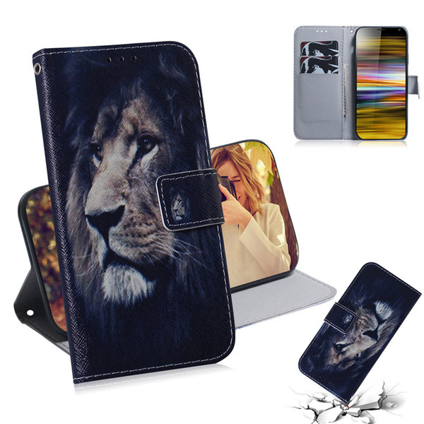 Wallet Case For Sony Xperia 10 Plus Filp Cover Hot selling Coloured pattern Wolf tiger lion Owl Dog With Card Slot Design