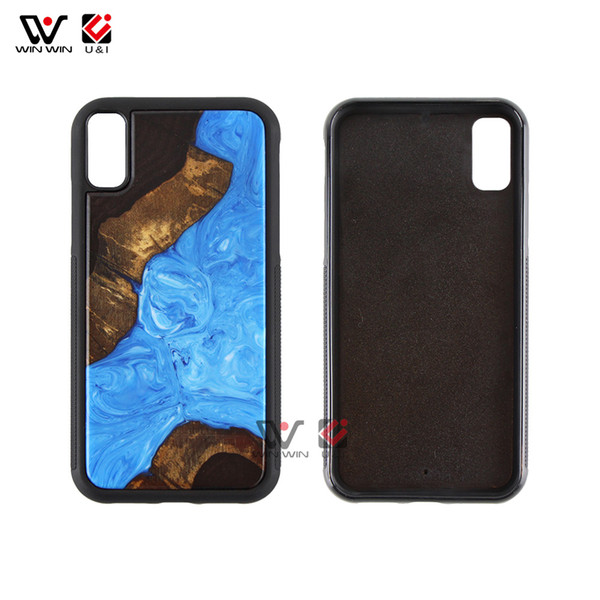 Unique Blue Resin + Natural Wood Splice Mobile Phone Case For iPhone 6 7 8 Plus X