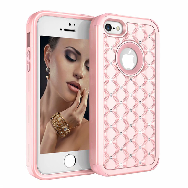 Luxury Diamond Women Phone Case Heavy Duty Hybrid Full-Body Protective Cover Defender Case For iPhone 5S SE