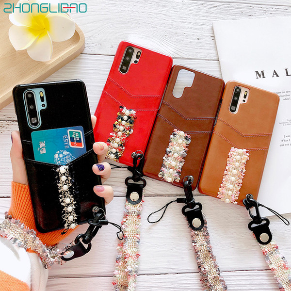 Luxury Hand Strap Pearl Decoration Case for Hawei P30 P20 Mate 20 Pro Lite Leather Wallet Card Holder Shockproof Hard Back Cover