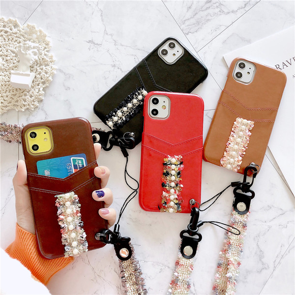 cute Hand Strap Pearl Case for IPhone 11 Pro Xs Max X Xr 6s 7 8 Plus Leather Card Holder Shockproof Back Cover