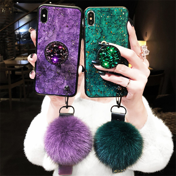 Marble Crack Smooth Hairball Hand Wrist Strap Holder Glitter Gold Foil Warm Luxury Women Case for iPhone Xs Max X 7 8 Plus