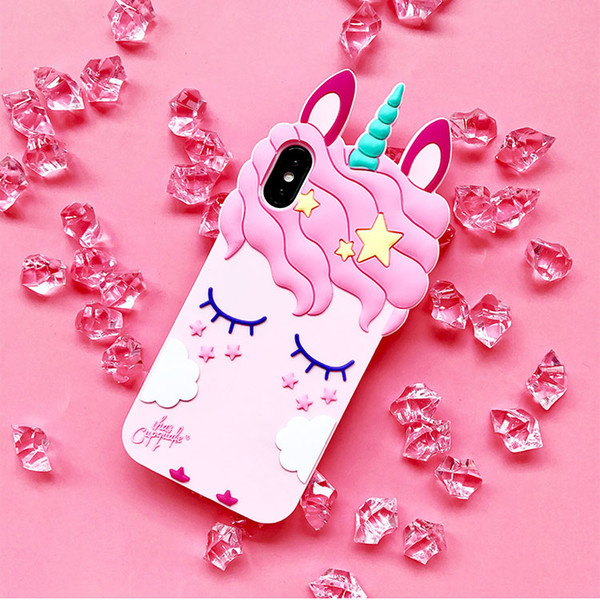 Pink Rubber Silicone Cute Horse with Long Eyelash Unicorn Shape Phone Case for iphone X Girls