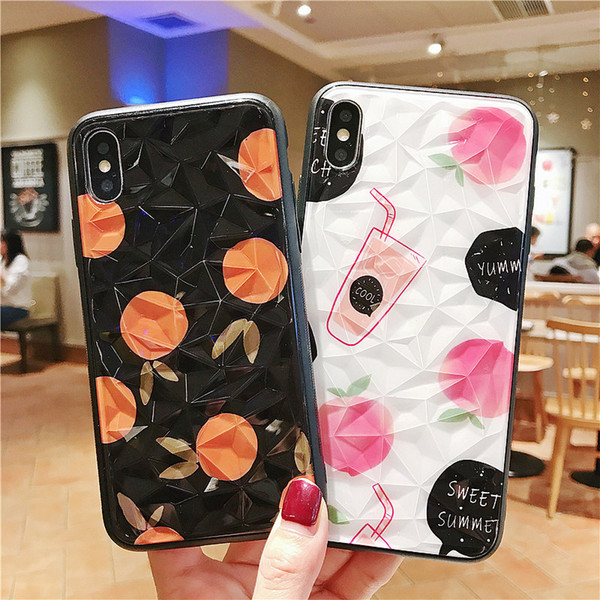 Diamond Pattern Peach Tangerine Stylish Textured Back Flexible Shockproof Soft Clear Cover, Tempered Glass Case for iPhone X XS