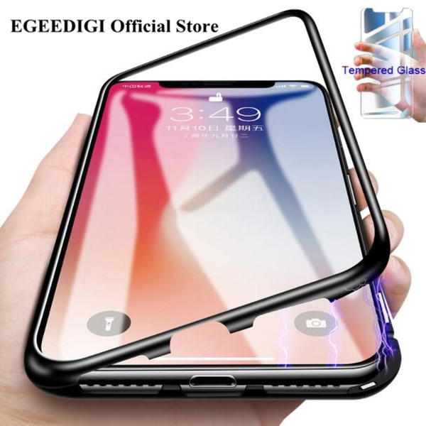 EGEEDIGI Luxury Magnetic Adsorption Phone Case For iPhone X Xs Max Xr 8 7 6 s Plus Metal Magnet Absorption Tempered Glass Flip Cover Capa