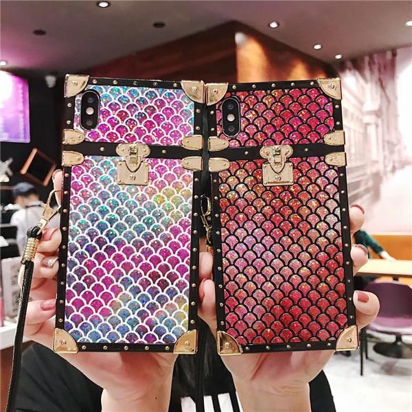 Free DHL EGEEDIGI New square with lanyard for iPhone XS XR XS Max X 8 7 6 6S Plus case fish scale gradient color soft Phone Back Cover Cases