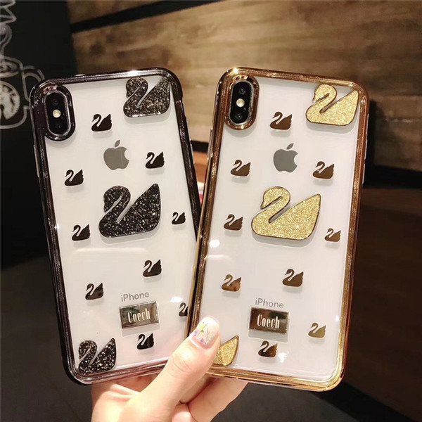 EGEEDIGI Luxury Swan Charm 2 in 1 Ultra-thin Hybrid Transparent Flash Set for iPhone X XS MAX XR 8 7Plus 6 6S Plus Rhinestone Case