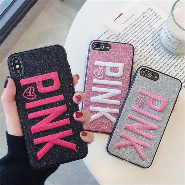 Free DHL EGEEDIGI Luxury PINK Glitter Embroidery Leather 3D Embroidery Cute Pink Cover Case for iphone 6 6S plus 7 7plus 8 8plus X XR XS MAX