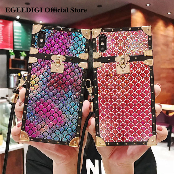 EGEEDIGI New square with lanyard for iPhone XS XR XS Max X 8 7 6 6S Plus case fish scale gradient color soft Phone Back Cover Cases