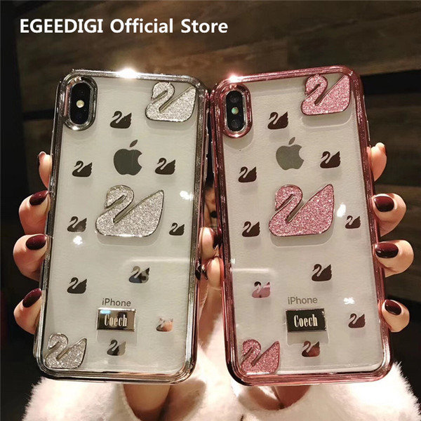 Free DHL EGEEDIGI Luxury Swan Charm 2 in 1 Ultra-thin Hybrid Transparent Flash Set for iPhone X XS MAX XR 8 7Plus 6 6S Plus Cover Anti-fall