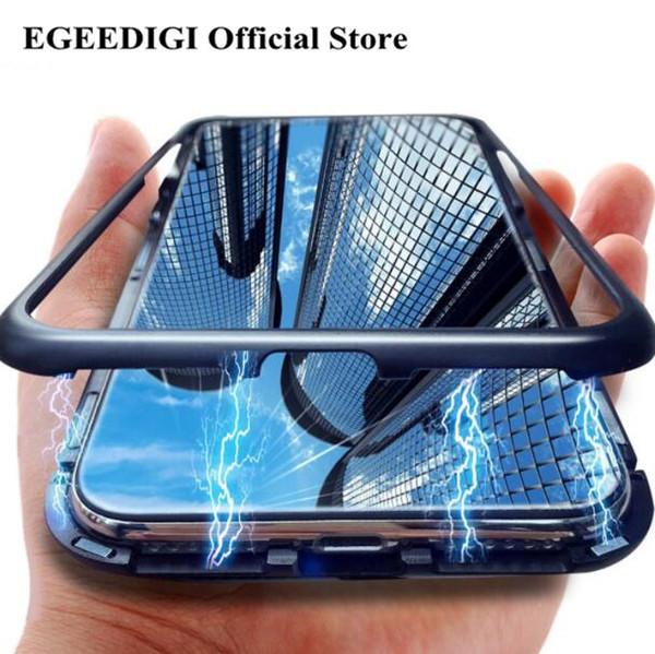 Free DHL EGEEDIGI Metal Magnetic Case for iPhone XR XS MAX X 8 Plus 7 Metal Magnetic Case for iPhone 7 6 6S Plus Glass Transparent Case