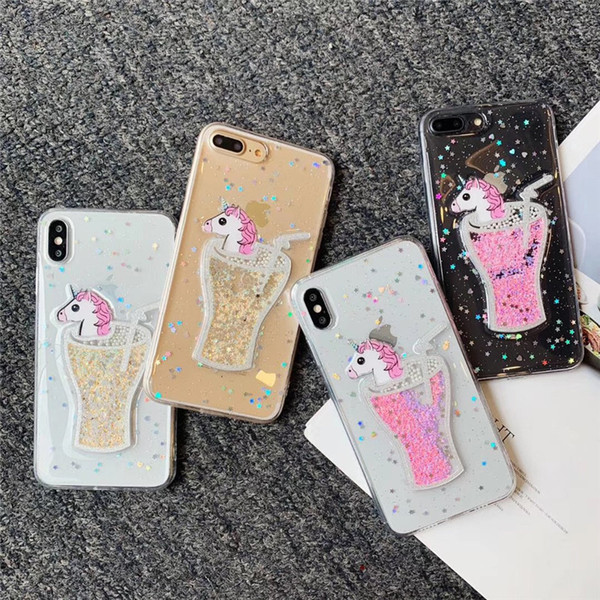 EGEEDIGI quicksand liquid Lucky unicorn soft for Iphone XS MAX XR XS 8 7 Iphone7 6 Plus 6S Bling Glitter gold foil star mobile phone 100pcs