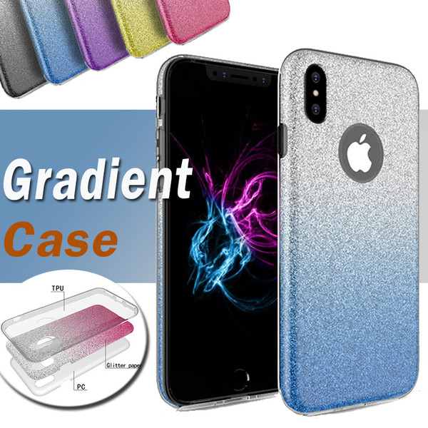 3 in 1 Gradient Glitter Bling Shiny Flexible Soft TPU Rubber Transparet Cover Case For iPhone XS Max XR X 8 7 6 6S Plus Samsung Galaxy S9