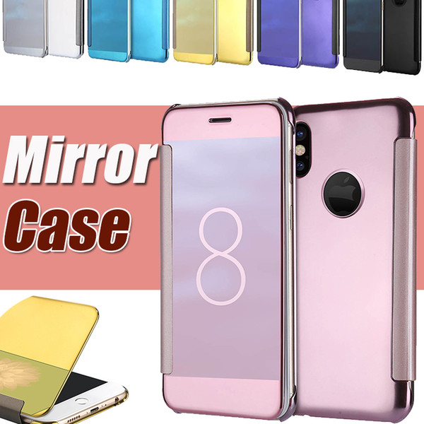 For iPhone X Case Mirror View Clear Flip Plating Holder Slim PC+Leather Chrome Smart Kickstand Sleep Wake Cover For iPhone 8 7 Plus 6 6S