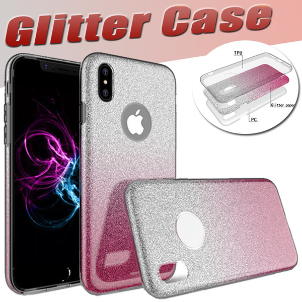 3 in 1 Gradient Glitter Bling Shiny Slim Soft TPU Gel Rubber Transparet Cover Case For iPhone XS Max XR X 8 7 6 6S Plus Samsung Galaxy S9