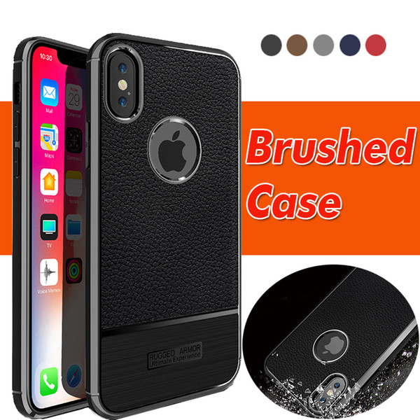 Litchi Pattern Brushed Leather Armor Case Soft TPU Gel Rubber Silicone Shockproof Protection Back Cover For iPhone X 8 7 Plus 6S Samsung S8