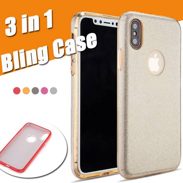 3 in 1 Glitter Bling Shockproof Anti-Fall Hybrid TPU+ PC Luxury Colorful Flash Sparkling Protective Cover Case For iPhone X 8 7 Plus 6 6S