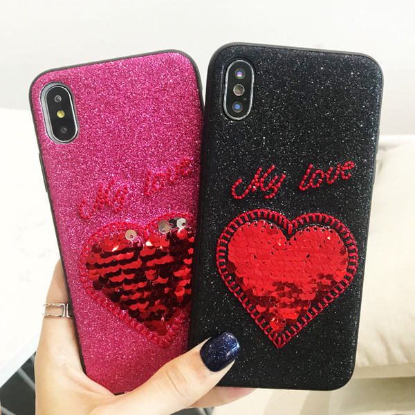 Embroidery Shiny Loving Heart Phone Case for iPhone 6/6s/X/7/8 Plus Full Soft Edges Fashionable Protector