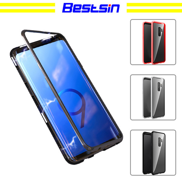 Bestsin Magnetic Adsorption Flip Case for Samsung Galaxy S8 S9 Plus Note 8 Note9 Tempered Glass Back Cover Luxury Metal Bumper Case