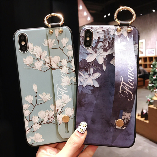 Wrist Strap Phone Case For iphone 7 8 6 6s plus Case For iphone X Xs max XR 3D Relief Flower Floral Pattern Soft TPU Case