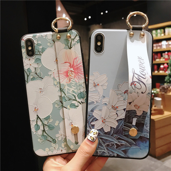 For iphone X Xs Max XR Case with Wrist Strap Soft TPU Phone Cases For iphone 6 6s 7 8 plus Cover Flower Embroidery Pattern Case