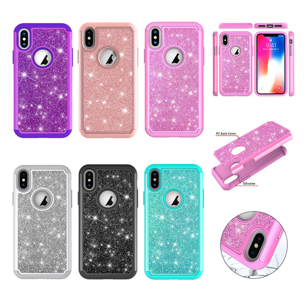 For iPhone 6 6s 7 8 plus X Xs max XR Glitter Bling Cover Dual-Layer Structure Hard PC Back Exterior +TPU Interior Cases