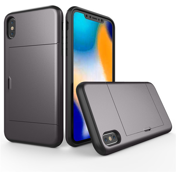 Deluxe Dual Layer Slide Card Slot Wallet Case For iPhoneX XS XS Max XR 6.1 6.5 Hybrid PC + TPU Armor case