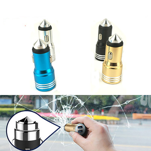 2 in 1 Aluminium Dual USB Car Charger Stainless Steel Emergency Hammer 5V 2.1A Cigarette Lighter Chargers For Samsung S8 S9