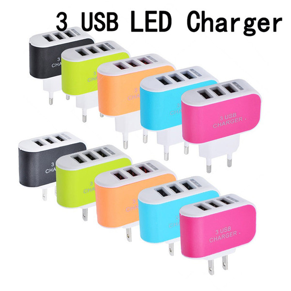 Wall Charger LED Home Travel Triple Charging Adapter 5V 2A 3 Ports Chargers US EU Plug For Samsung S10 iPhone X XS MAX XR