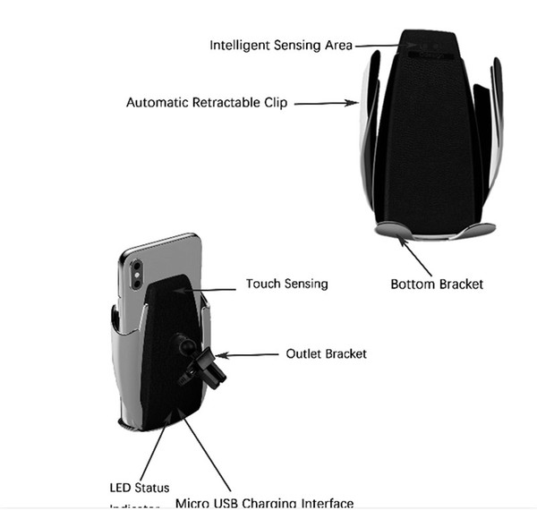 2019 Best quality S5 Automatic Clamping Car QI Wireless Charger For IOS Android Vent Holder 360 Degree Rotation Charging Mount Bracket