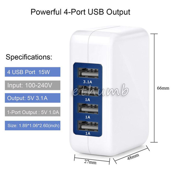 3.1A 15W High Speed 4 Port USB Wall Charger Portable Travel Charger with Folding Plug for iPhone7 6s Plus iPad Android DHL free shipping