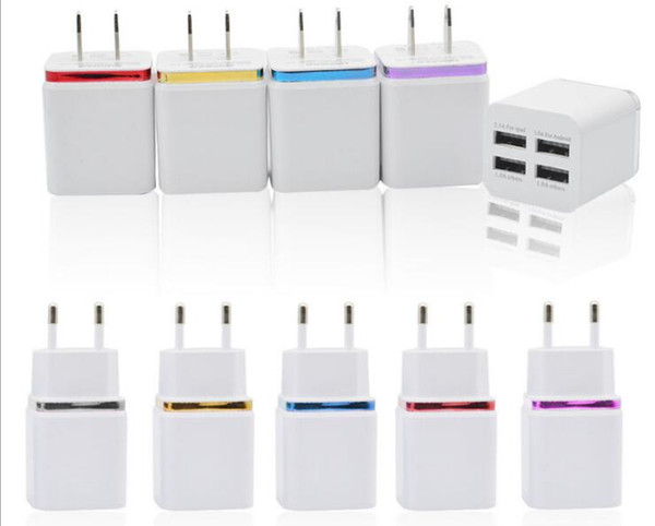 4 USB Ports Cell Phone USB Chargers Universal EU USA Plug 5V 2.1A AC Power Adapter 5Colors for mobile smartphone 4s 5s android s3 s4 s5