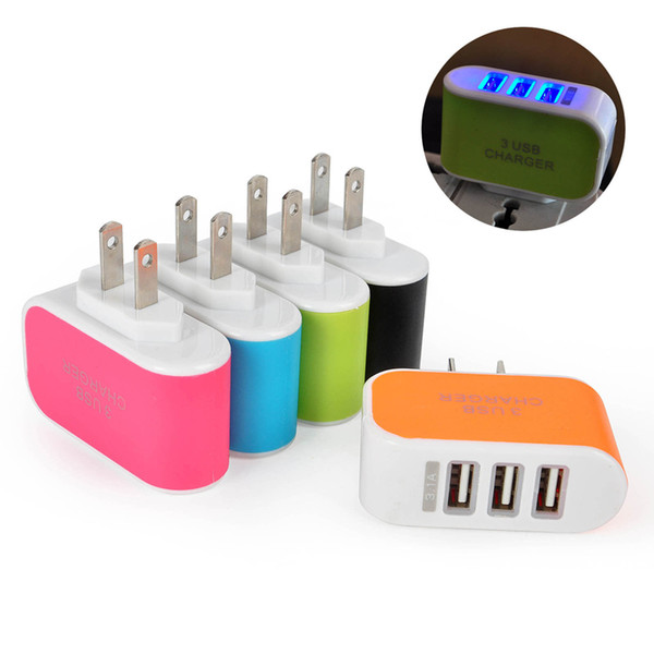 3 USB Triple Port Wall Home Charger LED Fast Charging Travel AC Power Adapter 3.1A EU US Plug Candy Multicolor 50pcs