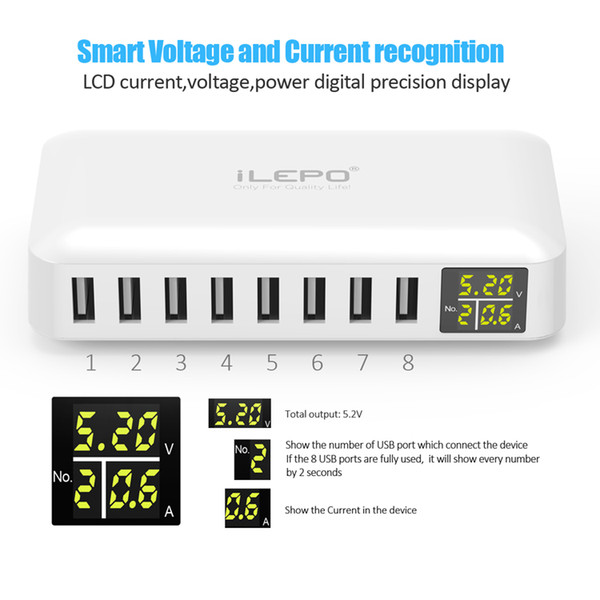 Hi-quality 8 Port Smart USB Charger Office multi-port Charging Station Adapter 8A 40W with LCD Display for iPhone Samsung Huawei Xiaomi